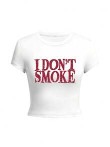 Women's Round Neck Short Sleeve T-Shirt American Hot Girl, Summer New Letter Print, Slim Fit Fashion Cropped Top - White - View 3