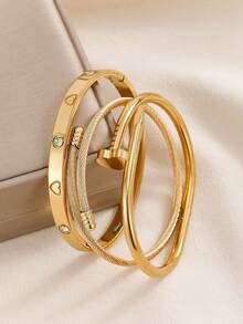 1/3pcs Set Fashionable Stainless Steel High Quality Flower Zirconia Women Bangle Jewelry Set, Suitable For Daily Wear