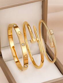 1/3pcs Set Fashionable Stainless Steel High Quality Flower Zirconia Women Bangle Jewelry Set, Suitable For Daily Wear