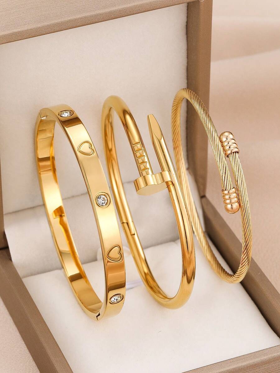 1/3pcs Set Fashionable Stainless Steel High Quality Flower Zirconia Women Bangle Jewelry Set, Suitable For Daily Wear