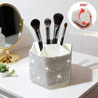360° Rotating Makeup Brush Holder With Rhinestones - Multifunctional Plastic Cosmetic Storage Box For Brushes, Lipsticks, Pens - Portable Desktop Organizer, Suitable For Vanity, Bathroom, Office Use, Makeup Enthusiasts