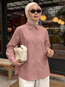 DAZY Ladies' Solid Color Front Button Casual Long Sleeve Shirt,Fall Clothes - Pink - View 5