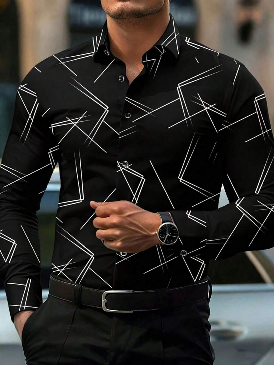 Camisa formal de manga larga con botones delanteros y estampado geométrico para hombres