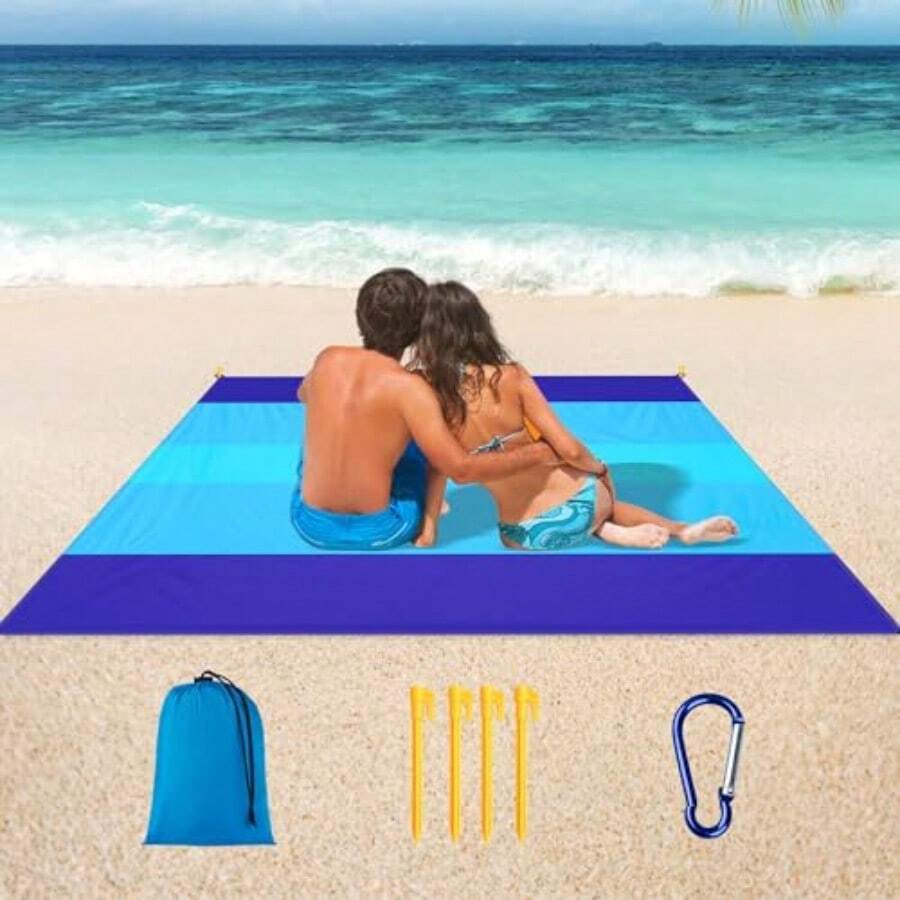 Manta de Playa 200 x 210 cm Compacta Alfombras para Picnic Impermeable y Resistente a La Arena Plegable Tapete de Viaje con Bolsa portatil para Playa Cesped Parque Senderismo Camping Yoga - Azul - Ver 1