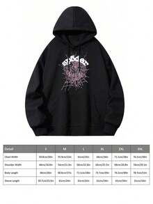 1 PcsMen's Black Hoodie Sweatshirt Stylish Spiderweb & Stars Graphic Print Casual Comfortable Loose Fit Pullover180g 100% Cotton - 黑色 - 查看 6