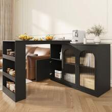 Mesa de bar giratória 360° (corpo principal 120 x 40 x 97 cm), moderna e minimalista, com rotação na cor branca, e armário multifuncional para armazenamento com porta de vidro. - Preto - Ver 12