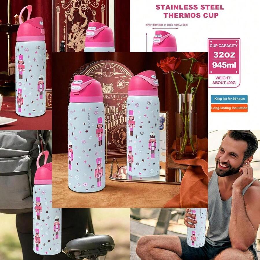Nutcracker  Water Bottle 32oz, 945ML, ,With Straw,Heat Preservation Time More Than 24 Hours, Cold And Hot Water Can Be Insulated, Can Make Coffee, Frozen Drinks, , Exquisite Workmanship, Suitable For Camping, Work, Indoor And Outdoor Use. - Default - View 1