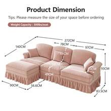 3-Seater Chenille Sofa With Funnel Armrests, Living Room Sofa With Movable Ottoman And Removable Ruffled Skirt, L-Shaped Modular Sofa For Living Rooms And Apartments - 粉色 - 查看 4