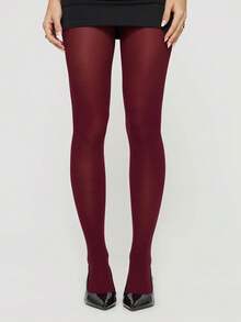 1 Pair Women's Glossy Shiny Pantyhose, Snag-Resistant, Elegant Style, Suitable For Fashion Shows And Holiday Outfits - Burgundy - View 3