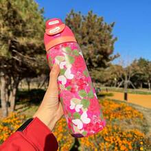 Owal'o 32oz  Stainless Steel Insulated Water Bottle - Keeps Beverages Hot Or Cold For Extended Periods, Available In Various Floral Designs, Features A Pop-Up Lid, Carrying Handle, And Straw, Perfect For Outdoor Activities, Car Use, Sports, And As A Gift. - hồng - Xem 4