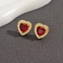 transfronterizas, pendientes de corazón cálidos de otoño e invierno, pendientes de corazón multicolor con zirconia y pequeños diamantes incrustados para mujeres - Diamante rosa - Ver 3