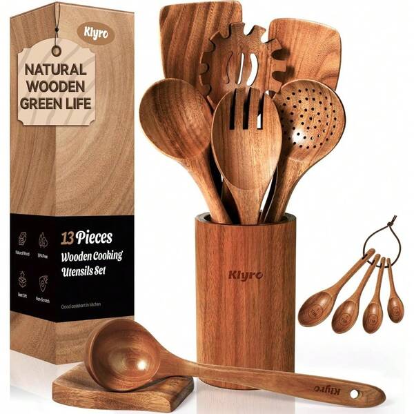 Wooden Spoons For Cooking, Nonstick Kitchen Utensils Set With 4 Piece Measuring Spoons, Comfort Grip Wooden Spatula Set, 9 Piece Teak Wooden Cooking Utensils With Holder And Spoon Rest