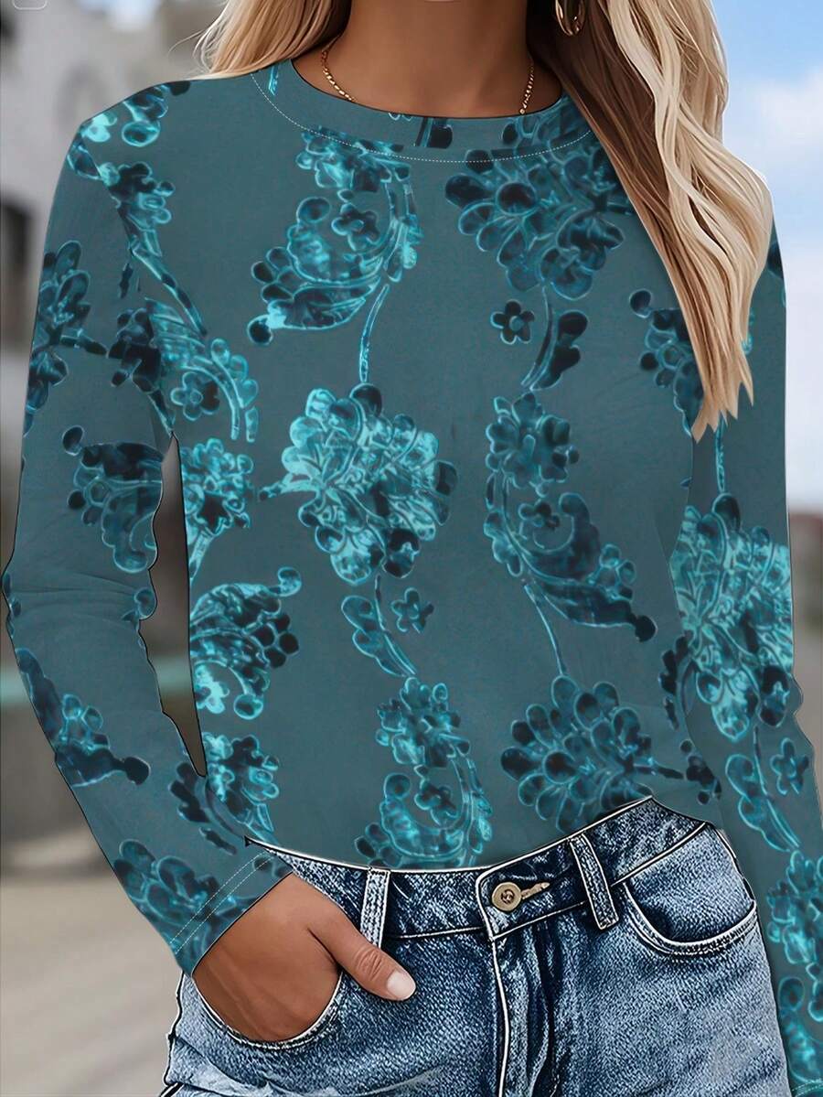 Women's Blue Floral All-Over Full-Body Print T-Shirt - Long Sleeve Round Neck Blouse, Casual Spring/Autumn Top With Full-Body Coverage, Machine Washable Non- Fabric For Casual Attire & Layering (In Stock) - Mixed Color - 查看 1