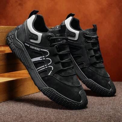 男士舒适拼接装饰文字线条图案圆头系带厚底平底休闲鞋，街头风，适合日常通勤，撞色麂皮材质