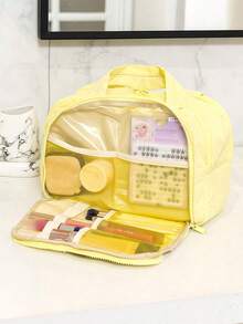 1 Large Capacity Double Wide Open Solid Color Toiletry Bag, Women's Portable Vacation Beauty Bag, Multi Pocket And Multi Slot Multifunctional Makeup Bag, Fashionable And Simple Partitioned Storage Bagtravel Essentials For Summer Holiday Back To School School Stuff Bag For School Wash Bag Travel - Màu vàng - Xem 2