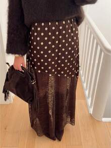 Women Satin Lace Trim Midi Skirt Polka Dot Print High Waist Long A-Line Skirts Vintage Silk Going Out Dress Y2k Streetwear Party Clubwear - 蕾絲拼布咖啡 - 查看 1