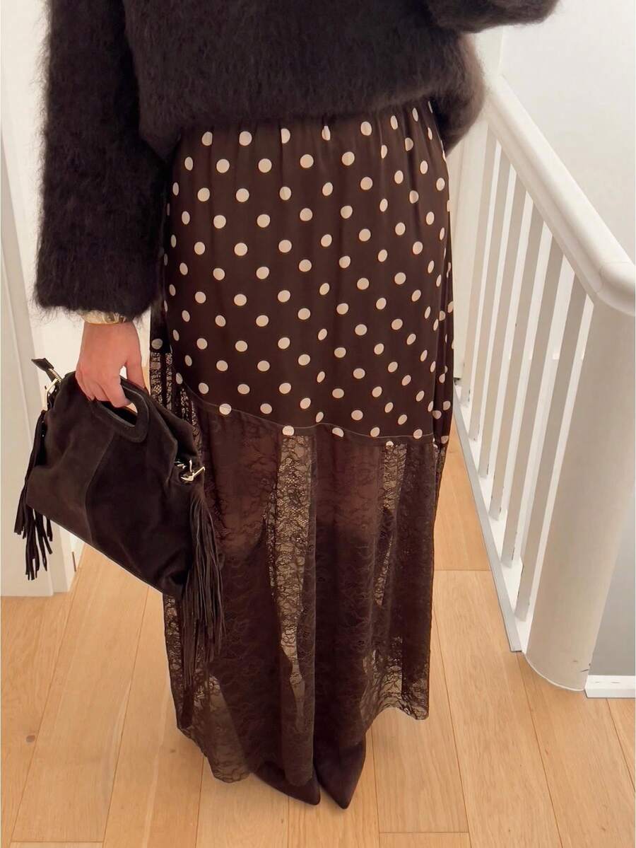 Women Satin Lace Trim Midi Skirt Polka Dot Print High Waist Long A-Line Skirts Vintage Silk Going Out Dress Y2k Streetwear Party Clubwear - 蕾絲拼布咖啡 - 查看 1