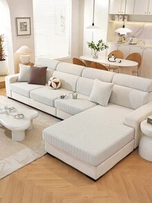1pc Linear Quilted Sofa Slipcover, Thickened Full Coverage Design, Anti-Slip & Pet-Friendly Easy-Care Cover - Beige - View 11