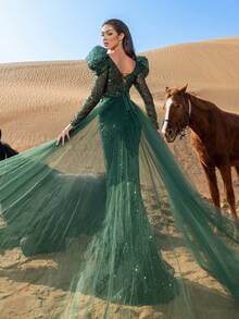 Faeriesty 女士闪亮串珠方领美人鱼长款礼服，泡泡袖，水晶刺绣紧身胸衣，薄纱拖尾，适合红毯晚宴、正式婚礼、晚宴招待会、奢华盛大活动等场合。 - 墨綠色 - 查看 6