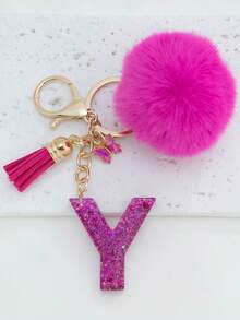 Shiny Letter Keychain Fluffy Tassel Keyring - Fashionable Bag And Car Key Accessories Ideal As Bridal Shower Wedding And Birthday Gifts Charming Wallet Pendant Women Fashion Keychain Y2K - Hot Pink - View 18