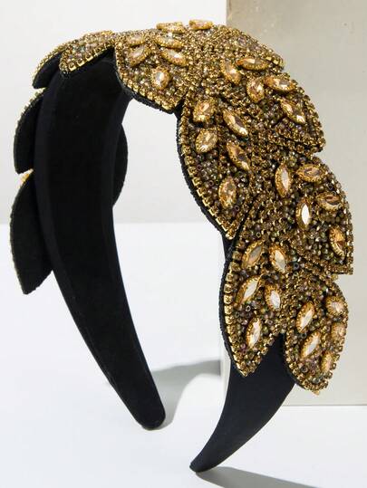 1pc Retro Baroque Style Black Headband For Women, Luxury High-Quality Gemstone Leaf Decor, Elegant Palace Vibe, Versatile Fashion Accessory For Party Beauty Home Hair Accessories