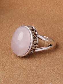 1pc Oval Rose Quartz Ring, 1pc Fashionable Single Gemstone Ring, Mother's Day Gift - Synthetic Rose Quartz - View 9