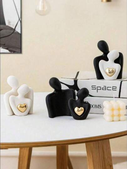 1 pieza Decoración de arte abstracto con forma de corazón chapada en oro, adorno de pareja abrazándose, adecuado para el hogar, dormitorio, oficina, espacios estudiantiles, regalo ideal para primavera, Navidad, almacenamiento, boda, decoración del hogar, almacenamiento de joyas, decoración de fiesta