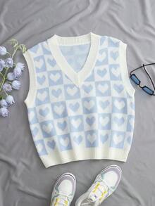Unity Heart & Checker Pattern Sweater Vest For New Year Clothes - Baby Blue - View 7