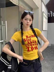 Red Letter Print Short Sleeve T-Shirt For Women, Summer Sexy Slim Fit Cropped Design Top Casual Yellow - Yellow - View 5