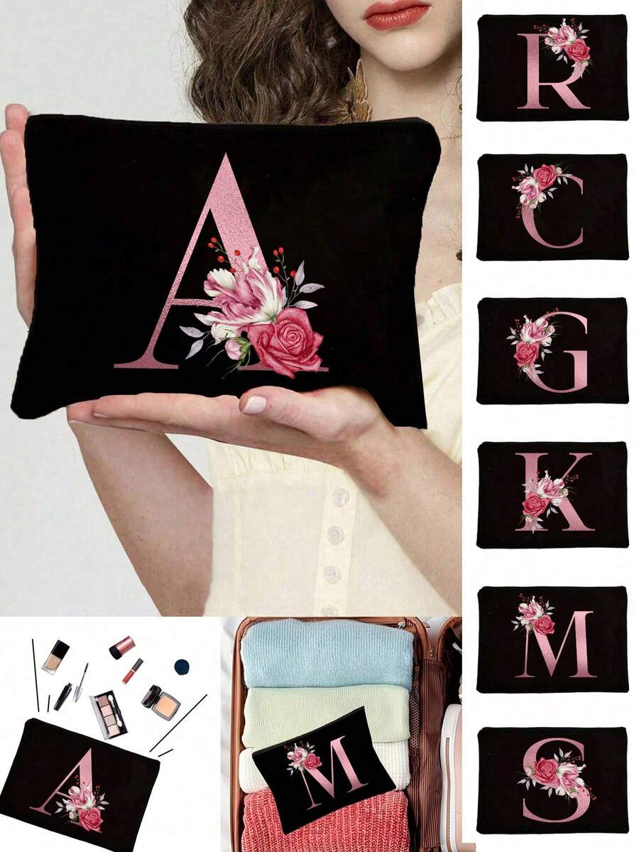 Hot Selling Fashion Items: Polyester Fiber Letter Printed Zipper Women's Makeup Bag, Storage Bag, Perfect Gift For Couples And Family. Makeup Bags Can Be Printed With Logo Patterns, And Women's Storage Bags Can Be Printed With English Letters. Laundry Bag Can Hold Hands With Change Bag, Simple, Beautiful, Cute, Large Capacity Storage Bag, Portable Storage Bag, Holiday Gift, Christmas Gift, Ramadan Gift