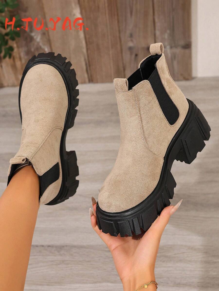 Fall/Winter Women's Fashion Platform Slip-On Ankle Boots, Minimalist Versatile Round Toe Chelsea Boots, Suitable For Everyday Wear And Streetwear, Motorcycle Rider Boots