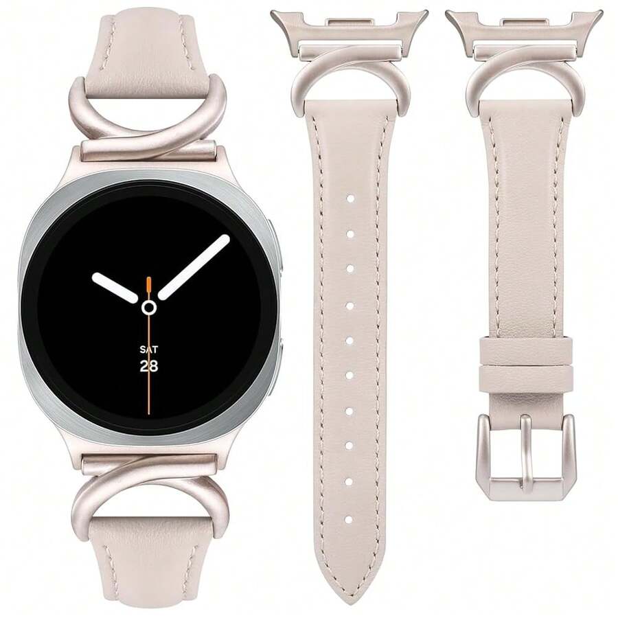 Minyee Leather Band Compatible With Samsung Galaxy Watch 8 40mm 44mm/ 8 Classic 46mm Bands, No Gap One-Click Slim Thin Dressy Leather Strap With C-Shape Metal Buckle Women, NOT For Other Models,Starlight/Starlight - 星光/星光 - 查看 1