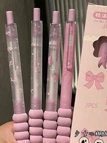 4支可爱领结圆珠笔，高品质速干中性笔，0.5mm黑色墨水，适用于笔记本、考试、办公用品、学生礼物 - 彩色 - 查看 2