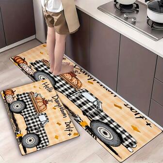 Kitchen Decorative Rug With Black & White Checkered Truck, Pumpkins, Small Dog - Black White Text With Yellow Diamonds, Non-Slip For Floor, Ideal For Kitchen & Dining Room Decor