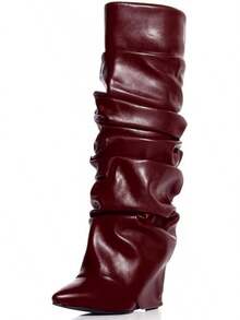 Women's Slouched Ruched Fold Over Boots - Patent Leather Covered Wedge Heel Wide Calf Pointed Toe Knee High Casual Boots - Dark Red - View 4
