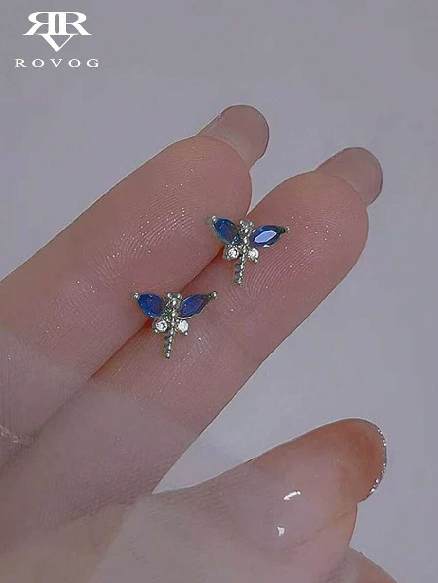 1 Pair Elegant Cubic Zirconia Dragonfly Stud Earrings, Sophisticated Design Suitable For Daily, Casual And Party Wear