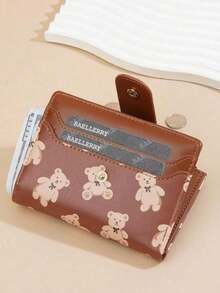 Baellerry 1pc Girl's Wallet With Bear Print Zippered Coin Snap Button Wallet Card Wallet Keychain Charms For Girl - Multicolor - View 3