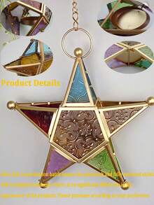 5-Pointed Star Windproof Candle Holder, Iron Colored Glass Lantern, Retro Candle Holder, Holiday Decor, Home Decor, Holiday Hanging Decor, Ornament, Outdoor Garden Decor. Essential For Restaurant Decoration, Creating A Holiday Party Atmosphere.