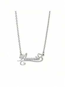 1pc Custom Personalized Heart Lace Name Necklace - Perfect For Mother's Day, Valentine's Day, Birthday, Anniversary, Graduation, Christmas, Family As Well As Friends And Classmates High-End Gifts Lovely Personalized Stainless Steel Heart Pendant, English Custom Name Necklace Halloween Christmas - Nhiều màu - Xem 5