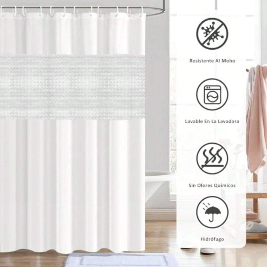 XISH Cortina para Baño 180x200cm Cortina de Ducha con Ganchos Cortinas de Regadera Antimoho de Impermeable Antibacteriano para Duchas de Baño Puestos y Bañeras - Blanco - Ver 1