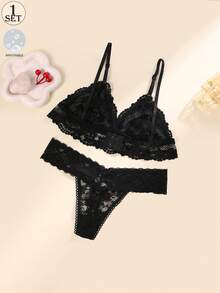 Aofeiqike Sexy Lace Deep V Backless Wireless Bra Set, Breathable, Elegant & Cute Women's Lingerie - Black - View 2