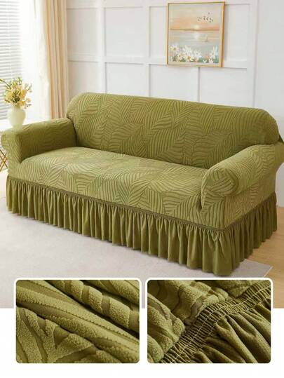1件橄榄绿绒面叶子图案弹力裙摆式沙发套，裙摆式设计沙发家居保护套，北欧现代涤纶防尘防滑加厚沙发套，适用于1/2/3/4座沙发，尤其适合秋冬季家居装饰