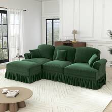Canapé 3 places en chenille avec accoudoirs en forme d'entonnoir, canapé de salon avec pouf amovible et jupe à volants amovible, canapé d'angle modulable pour salons et appartements - Vert - Voir 1