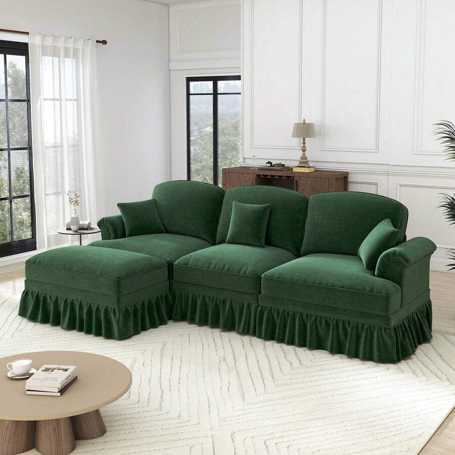 Canapé 3 places en chenille avec accoudoirs en forme d'entonnoir, canapé de salon avec pouf amovible et jupe à volants amovible, canapé d'angle modulable pour salons et appartements - Vert - Voir 1
