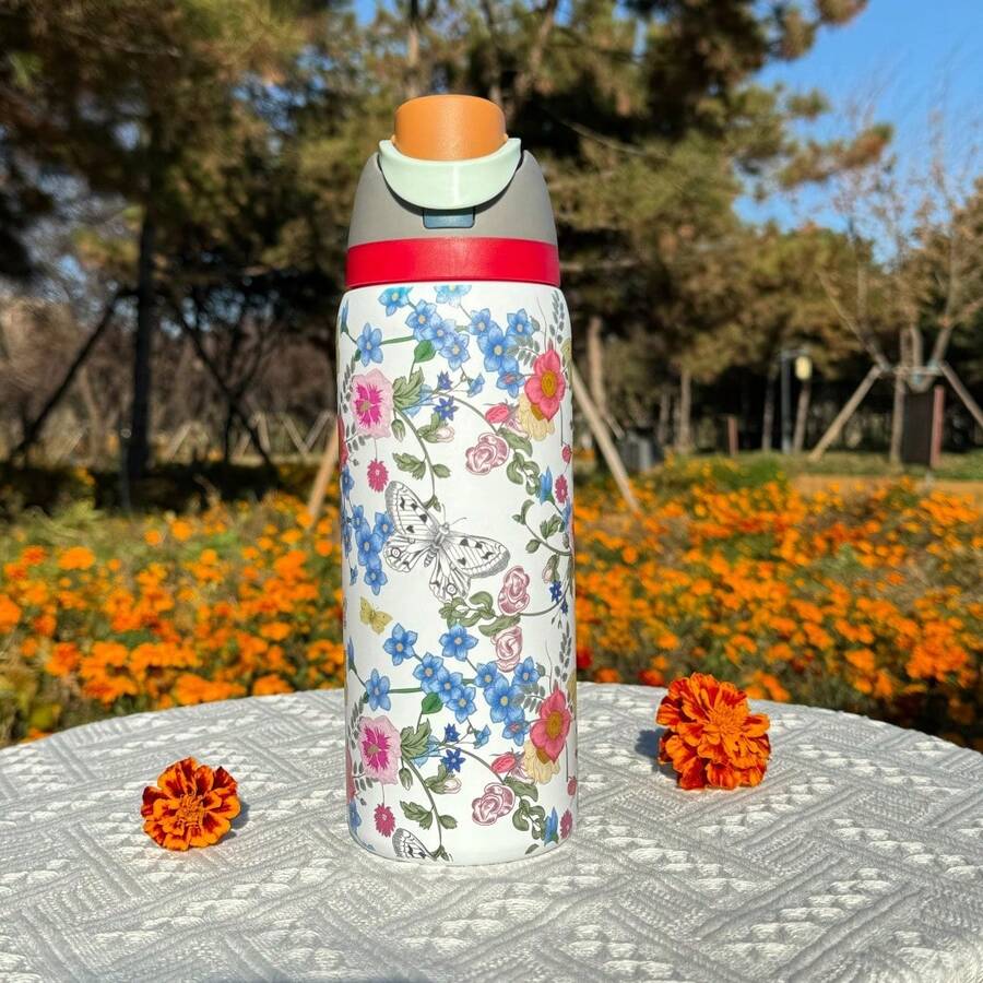 32oz This Water Bottle Can Keep Drinks Warm For 12 Hours, Making It Perfect For Coffee, Tea, And Other Beverages. Available In Various Styles, Its Painted Surface Makes It Heat-Resistant And Durable. The Double-Walled Vacuum Insulation And Leak-Proof Straw Ensure No Spills. Lightweight And Portable, It's Ideal For Commuting, Sports, Work, Or Camping. - 杏色 - 查看 1