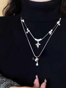 Multi-Layer Pearl Saturn Necklace For Women, Unique Design, Elegant Luxury Clavicle Chain, Versatile Sweater Chain - Antique Silver - View 2