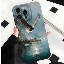 2026 nueva funda de teléfono esmerilada, funda de teléfono con impresión de águila volando sobre un lago de montaña para  17 15 Pro Max  17 14 Pro  17 13  Galaxy S23 S22 S21 protector de teléfono funda de pareja regalo para novio novia regalo de vacaciones - Negro - Ver 3