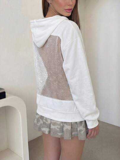 DOUCIU Solid Color Hoodie, Fashionable Sheer Sweatshirt, Casual Streetwear