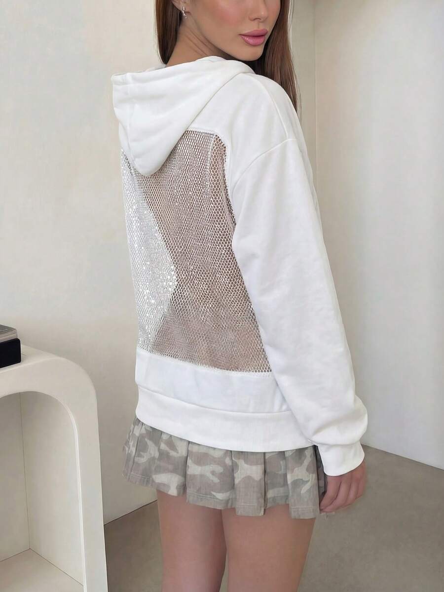 DOUCIU Solid Color Hoodie, Fashionable Sheer Sweatshirt, Casual Streetwear