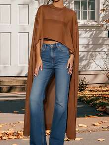 Women Sheer Tops, Crew Neck Irregular Cover-ups Summer Clubwear for Street Party - Café integral - Ver 2